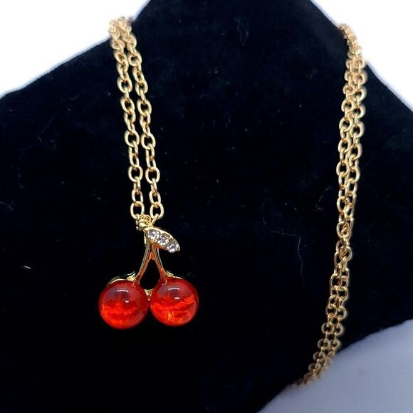Iridescent Red Cherry 🍒 Charm Necklace Dainty Gold Chain Fruit Pendant CZ NEW - Picture 4 of 9